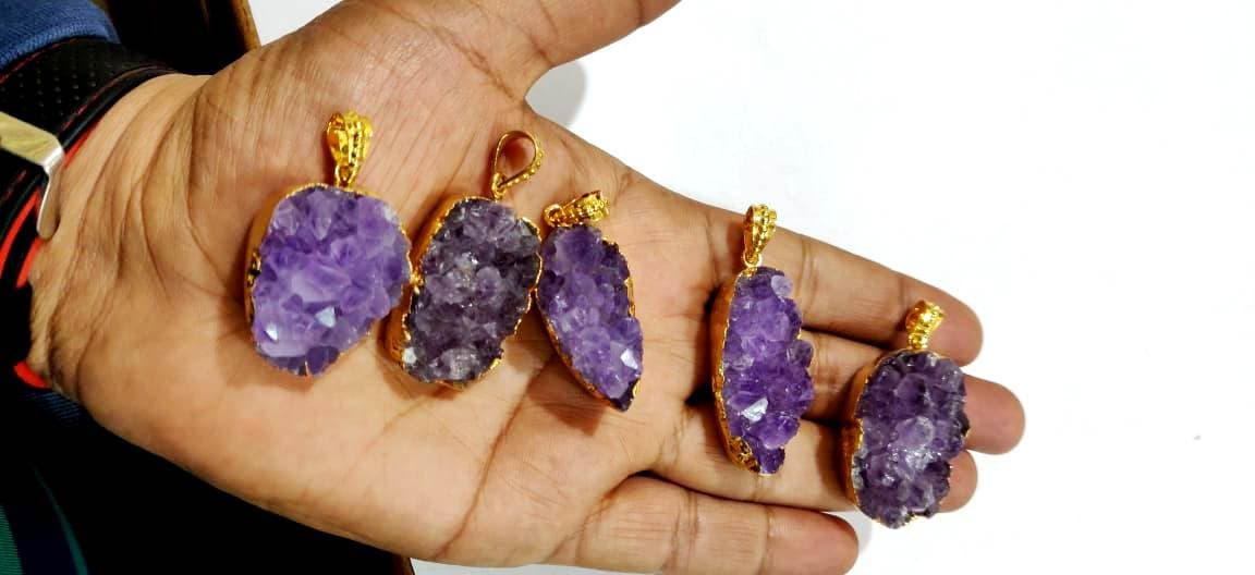 Natural Amethyst Raw Druzy Pendant , 24 Kt Gold Electroplated FreeForm Shape Druzy Size 30to40mm  Pendant , Unique And Rare Gemstone Jewelry