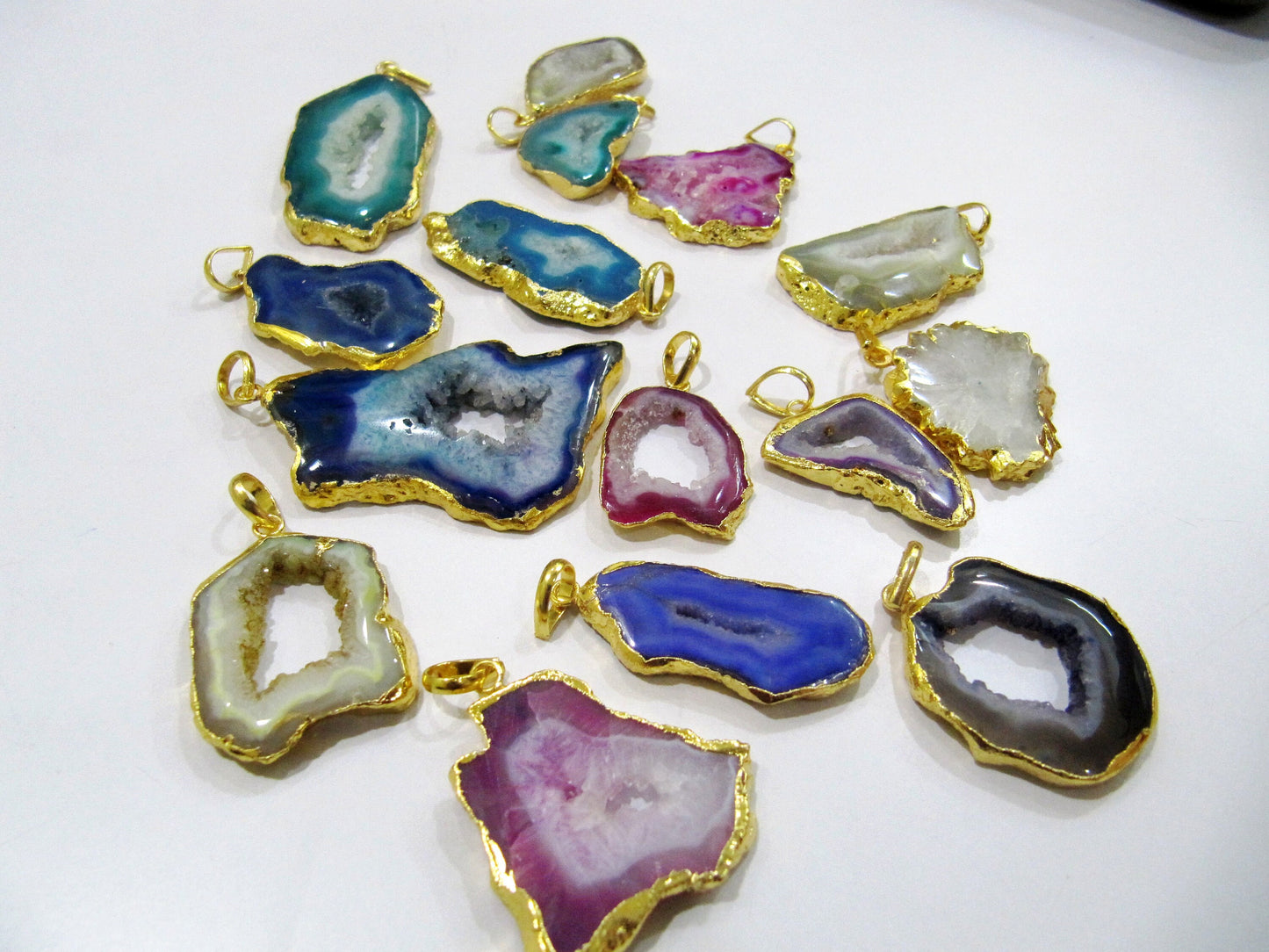 2 Pcs Set-AAA Quality Mix Color Geode Agate Slice Pendant Free Form Druzy 24K Gold Plated Electroplated edges / Agate Druzy Connectors