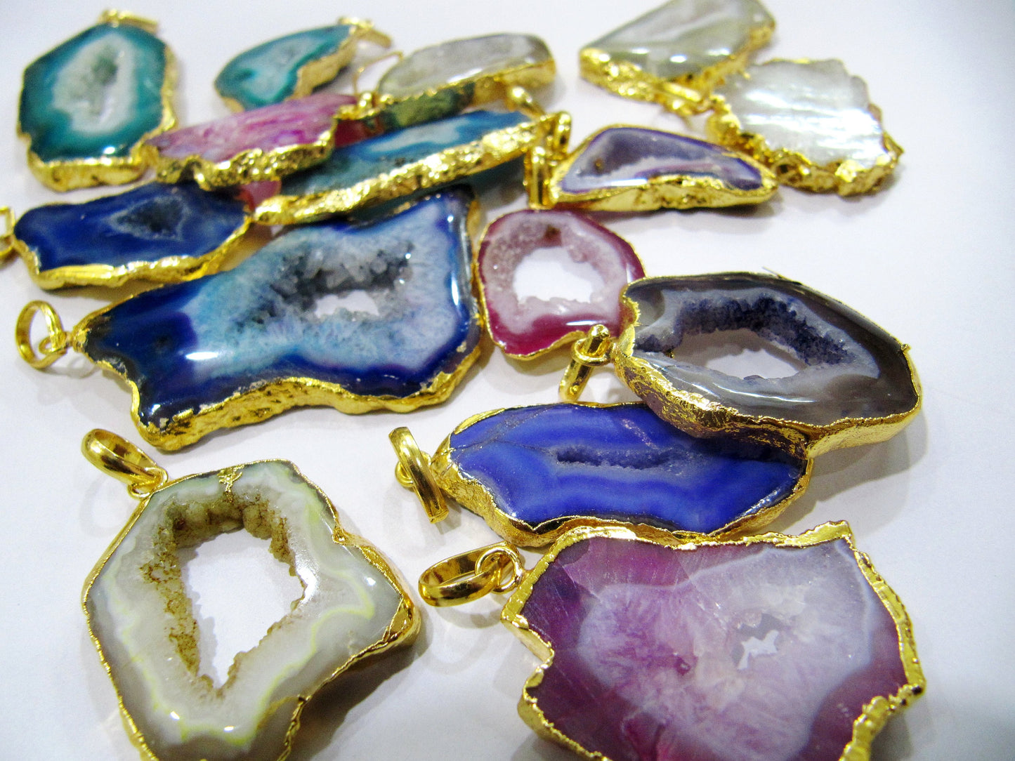 2 Pcs Set-AAA Quality Mix Color Geode Agate Slice Pendant Free Form Druzy 24K Gold Plated Electroplated edges / Agate Druzy Connectors