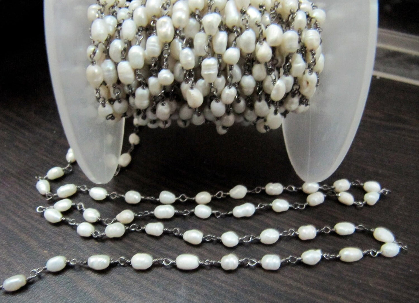 Natural Pearl Rice Shape 4-5mm Beads Rosary Chain Genuine  Pearl Handmade Wire wrapped beaded Chain Wholesale Prices Sold per Foot