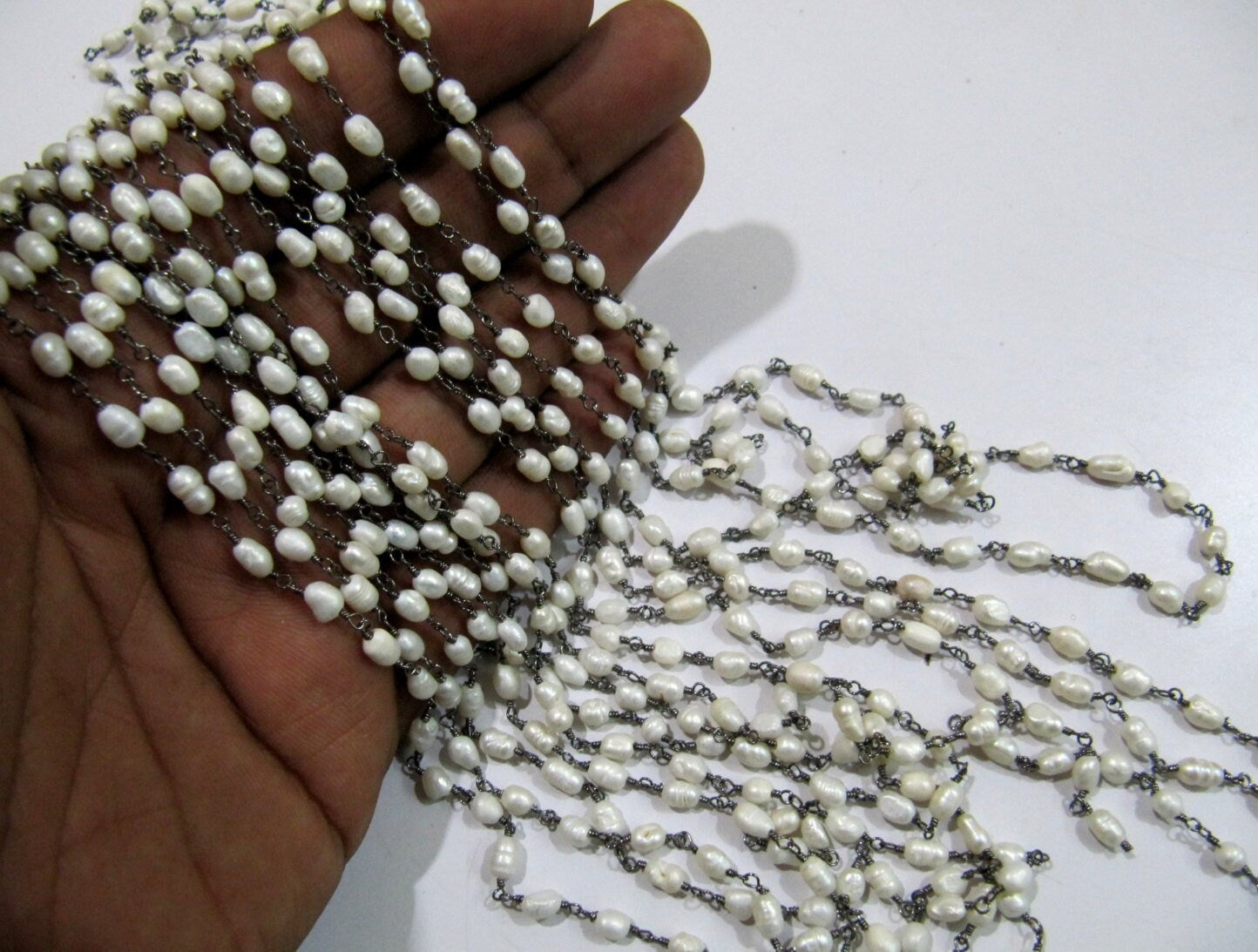 Natural Pearl Rice Shape 4-5mm Beads Rosary Chain Genuine  Pearl Handmade Wire wrapped beaded Chain Wholesale Prices Sold per Foot