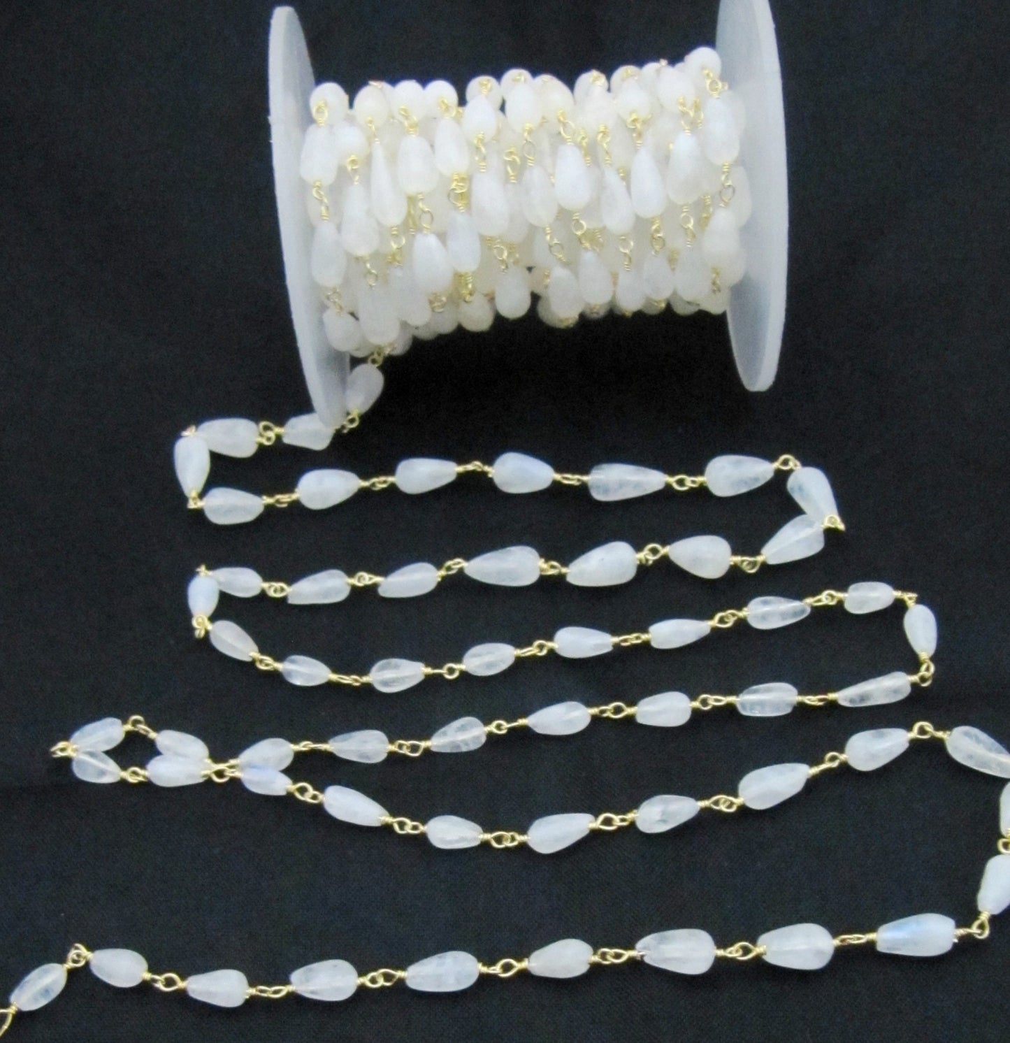 3- Feet Natural White Rainbow Moonstone Plain Smooth Drop Shape Beaded Rosary Chain Gold/Silver/Black/Rose Gold Plated Wholesale Price chain