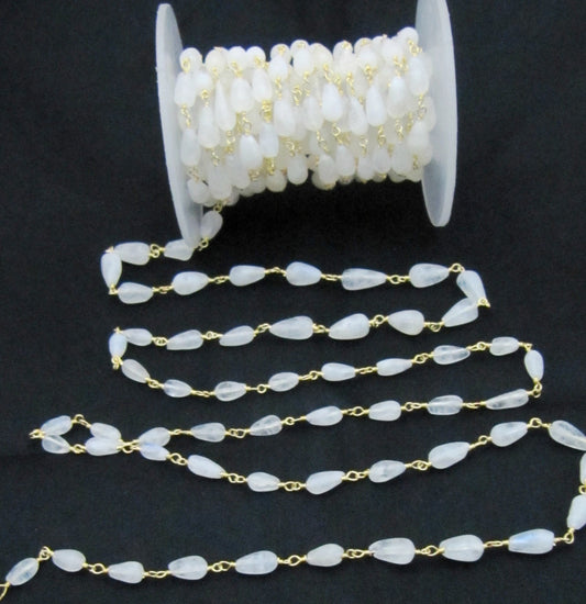 3- Feet Natural White Rainbow Moonstone Plain Smooth Drop Shape Beaded Rosary Chain Gold/Silver/Black/Rose Gold Plated Wholesale Price chain