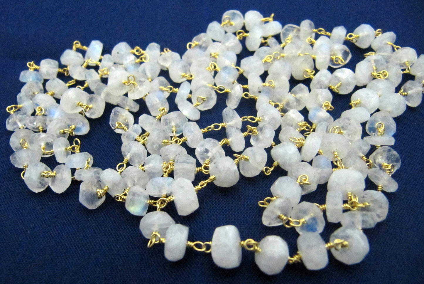 Natural White Rainbow Moonstone Rondelle Faceted Beaded Rosary Handmade Chain Sold Per foot