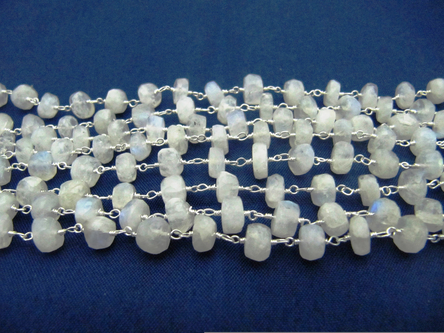 Natural White Rainbow Moonstone Rondelle Faceted Beaded Rosary Handmade Chain Sold Per foot