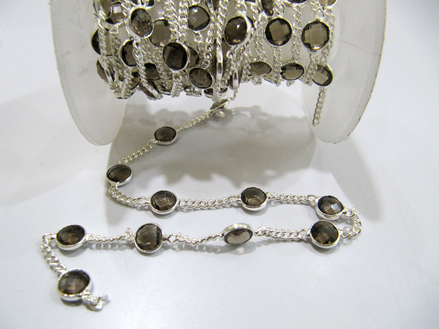 Natural Smoky Quartz Connector Chain, Genuine Smoky Quartz Briolette Coin Shape 7mm,Connectors linked with Curb chain Sold Per Foot