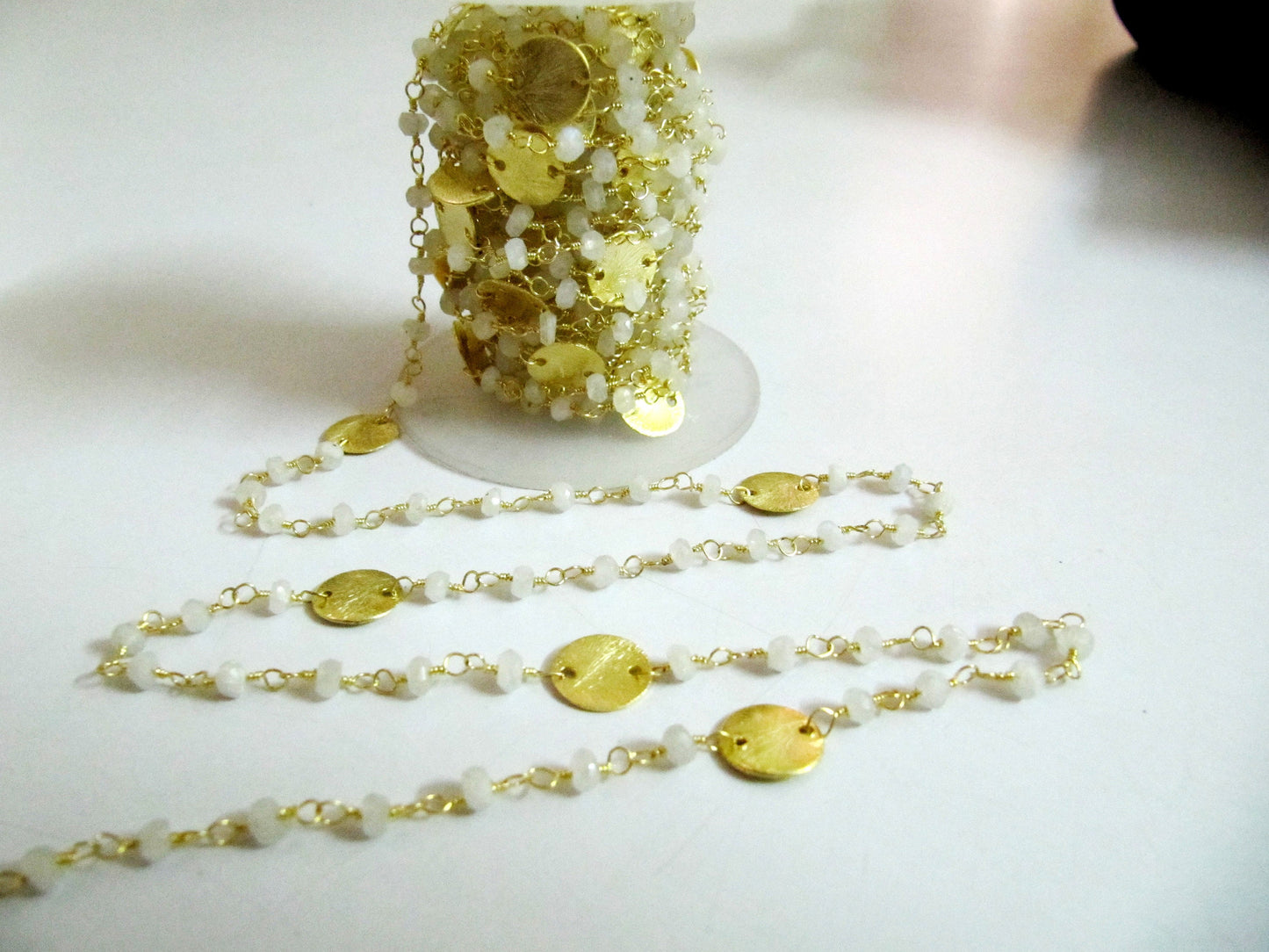 Natural Rainbow Moonstone Coin Chain 24 Kt Gold Plated, Rondelle Faceted Beads 3-4mm , Rosary Gemstone Chains Sold Per Foot