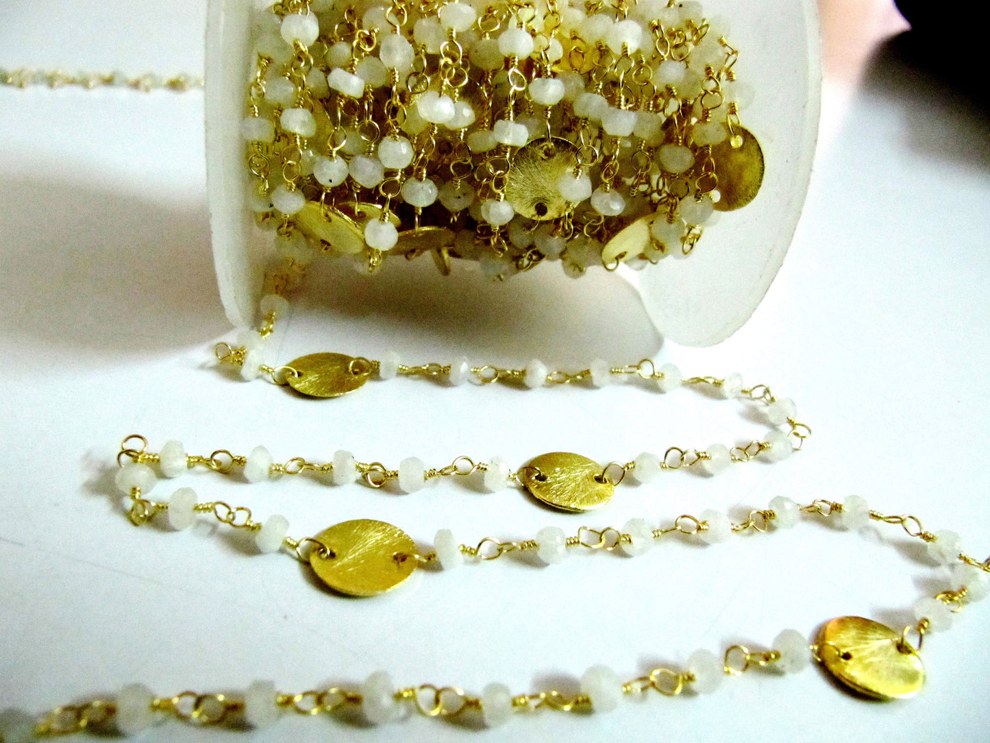 Natural Rainbow Moonstone Coin Chain 24 Kt Gold Plated, Rondelle Faceted Beads 3-4mm , Rosary Gemstone Chains Sold Per Foot