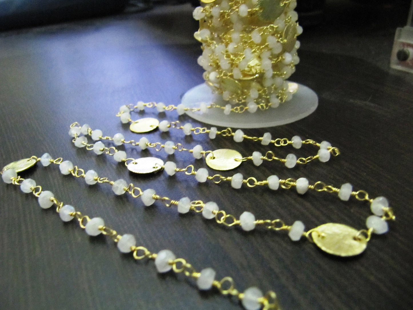 Natural Rainbow Moonstone Coin Chain 24 Kt Gold Plated, Rondelle Faceted Beads 3-4mm , Rosary Gemstone Chains Sold Per Foot