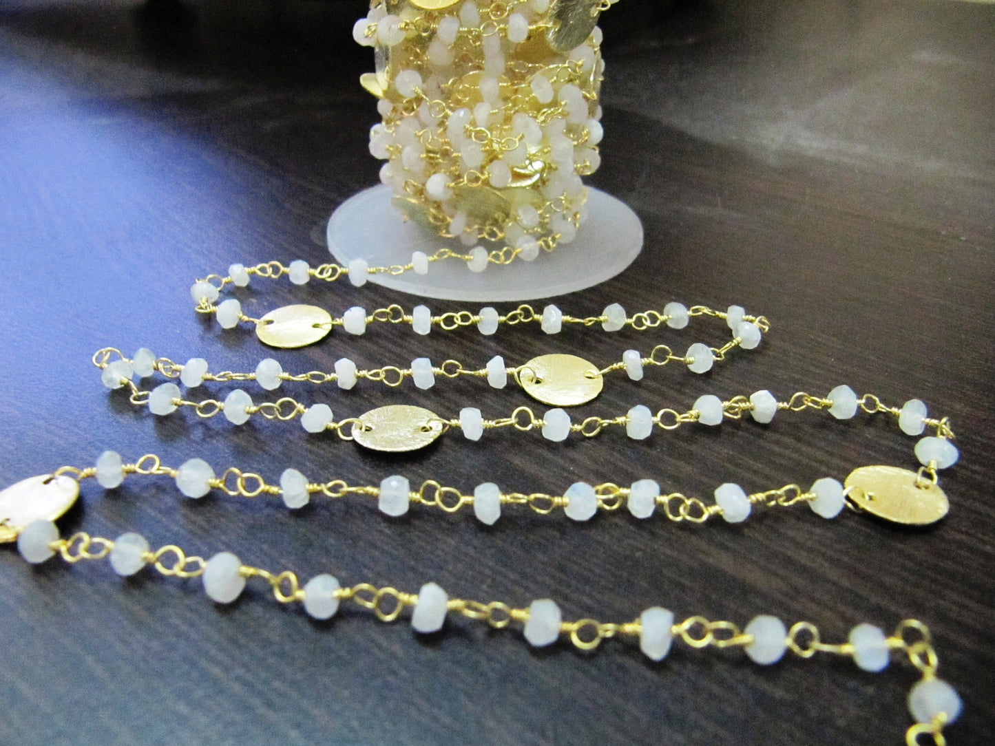 Natural Rainbow Moonstone Coin Chain 24 Kt Gold Plated, Rondelle Faceted Beads 3-4mm , Rosary Gemstone Chains Sold Per Foot