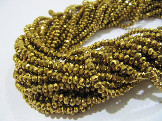 3 Strings - AAA Quality Crystal Glass Golden Pyrite Color Beads Rondelle Faceted Size 3mm Coated Golden Color Beads Jewelry making beads