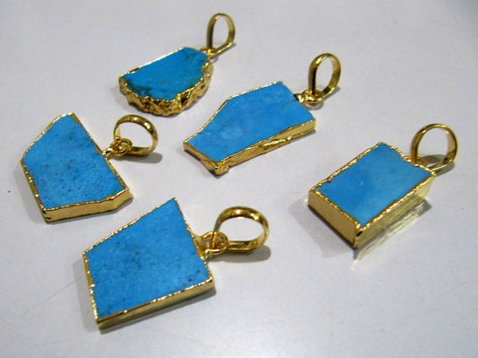 2 Pcs Set-Natural Turquoise Magnesite Slice Pendant Free Form , Pendant Charm With Gold Electroplated Edge , Single Loop 1 inch approx