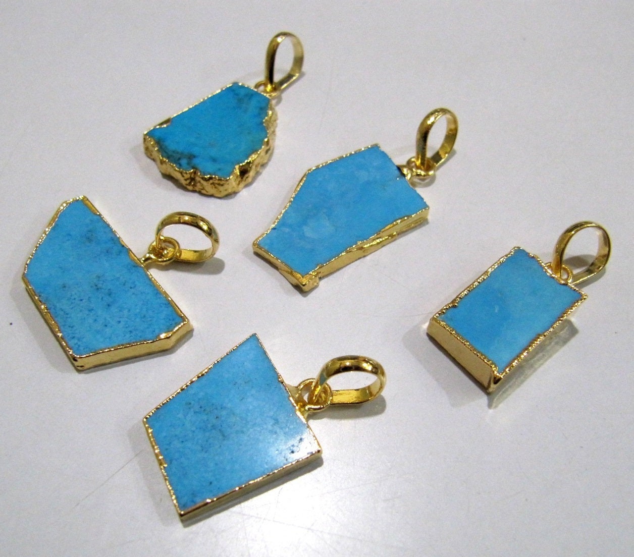 2 Pcs Set-Natural Turquoise Magnesite Slice Pendant Free Form , Pendant Charm With Gold Electroplated Edge , Single Loop 1 inch approx