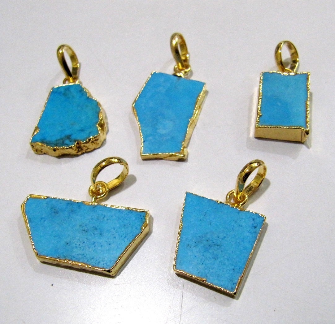 2 Pcs Set-Natural Turquoise Magnesite Slice Pendant Free Form , Pendant Charm With Gold Electroplated Edge , Single Loop 1 inch approx