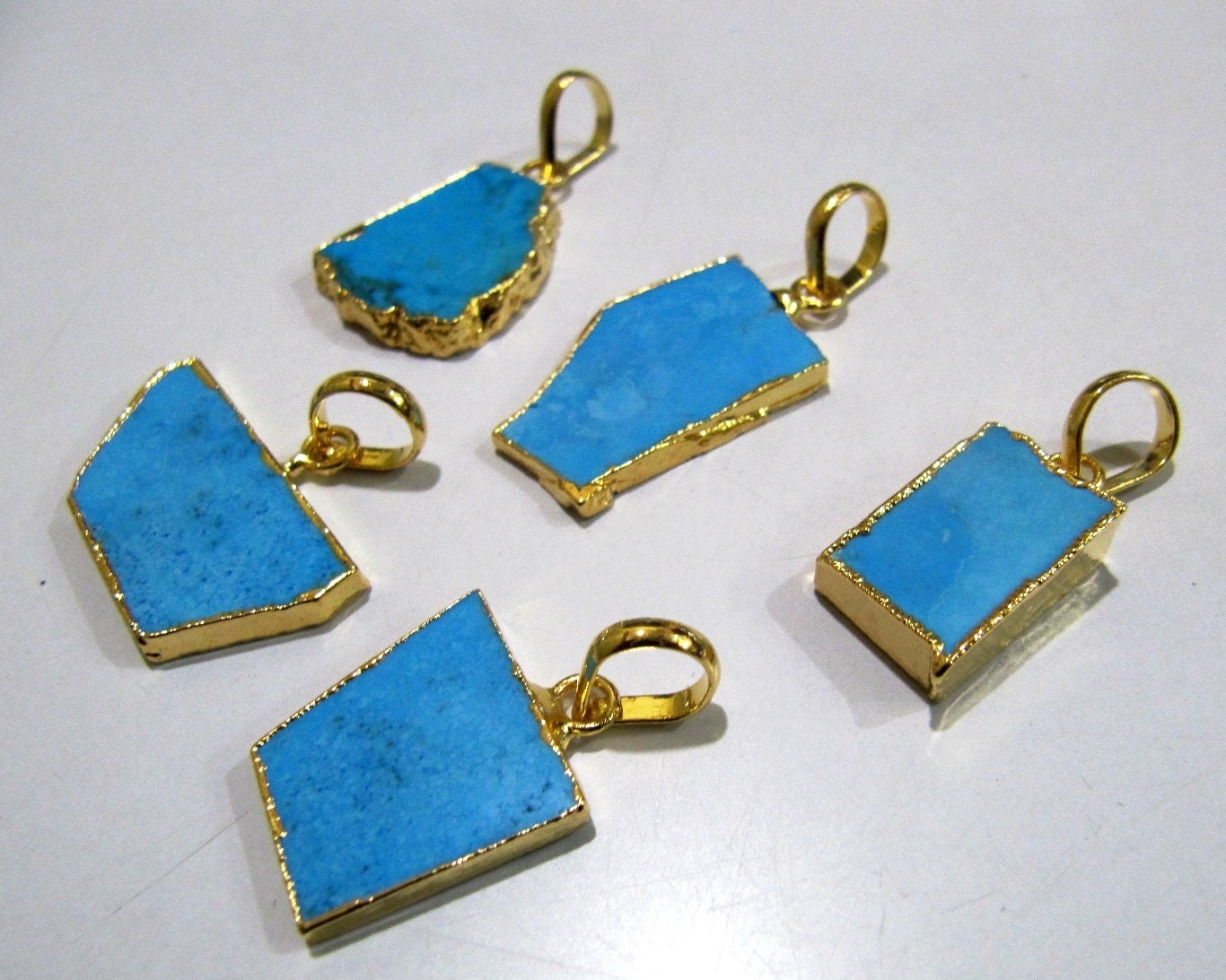 2 Pcs Set-Natural Turquoise Magnesite Slice Pendant Free Form , Pendant Charm With Gold Electroplated Edge , Single Loop 1 inch approx
