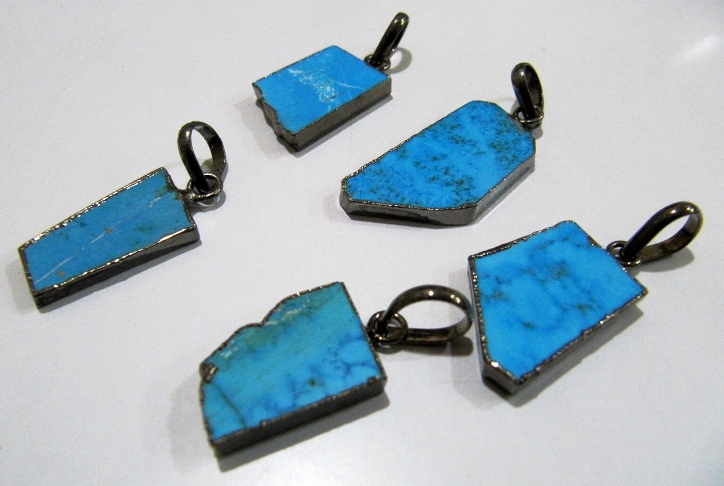 2 Pcs Set-Natural Turquoise Magnesite Slice Pendant Free Form Pendant Charm With Black Oxidized Electroplating around 1 inch long