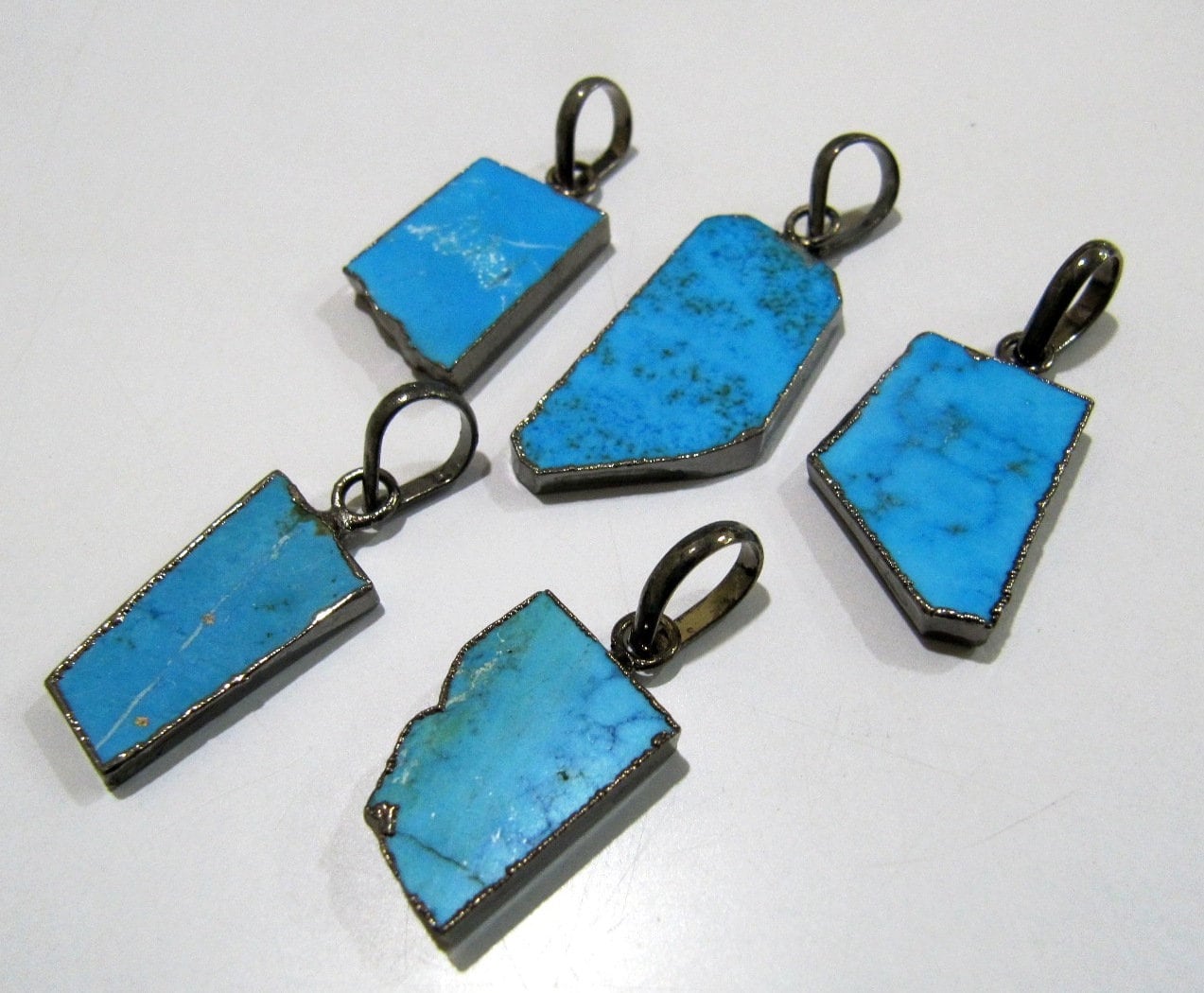 2 Pcs Set-Natural Turquoise Magnesite Slice Pendant Free Form Pendant Charm With Black Oxidized Electroplating around 1 inch long