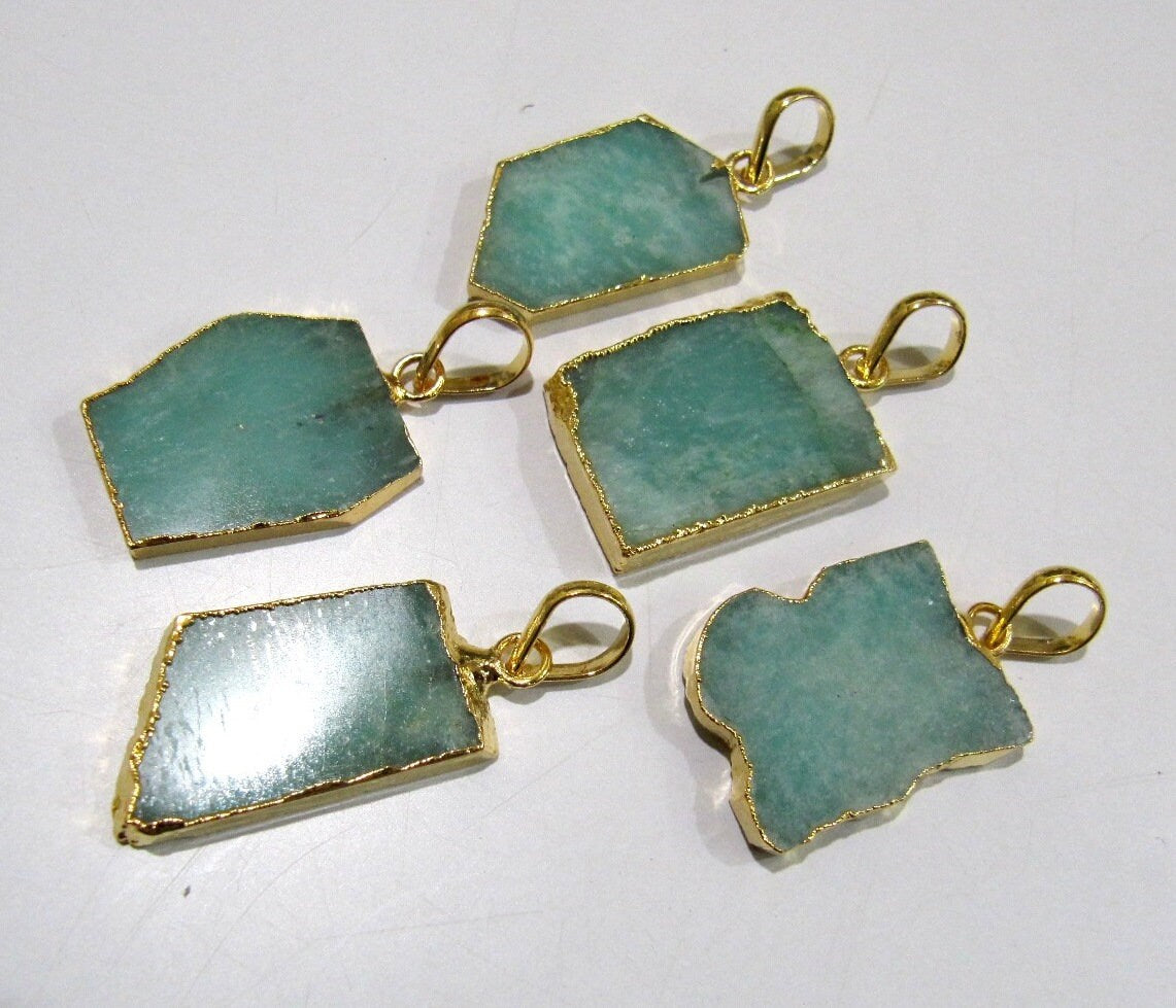2 Pcs Set-Natural Amazonite Slice Pendant Free Form Connector Charm With 24kt Gold Electroplated Edge Single Loop 1 inch approximately