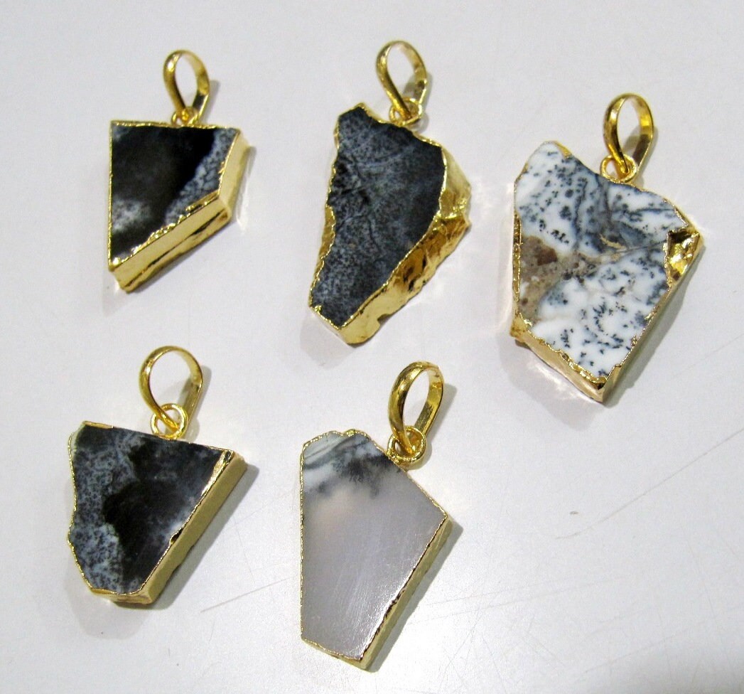 2 Pcs Set-Natural Dendrite opal Slice Pendant Free Form Connector Charm With 24K Gold Electroplated Edge Single Loop 1 inch approximately