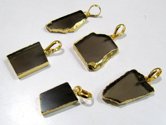 2 Pcs Set-Natural Smoky Quartz Slice Pendant Free Form Connector Charm With 24K Gold Electroplated Edge Single Loop 1inch approximately