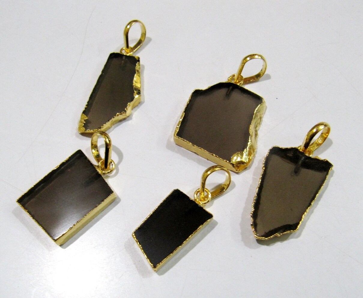 2 Pcs Set-Natural Smoky Quartz Slice Pendant Free Form Connector Charm With 24K Gold Electroplated Edge Single Loop 1inch approximately