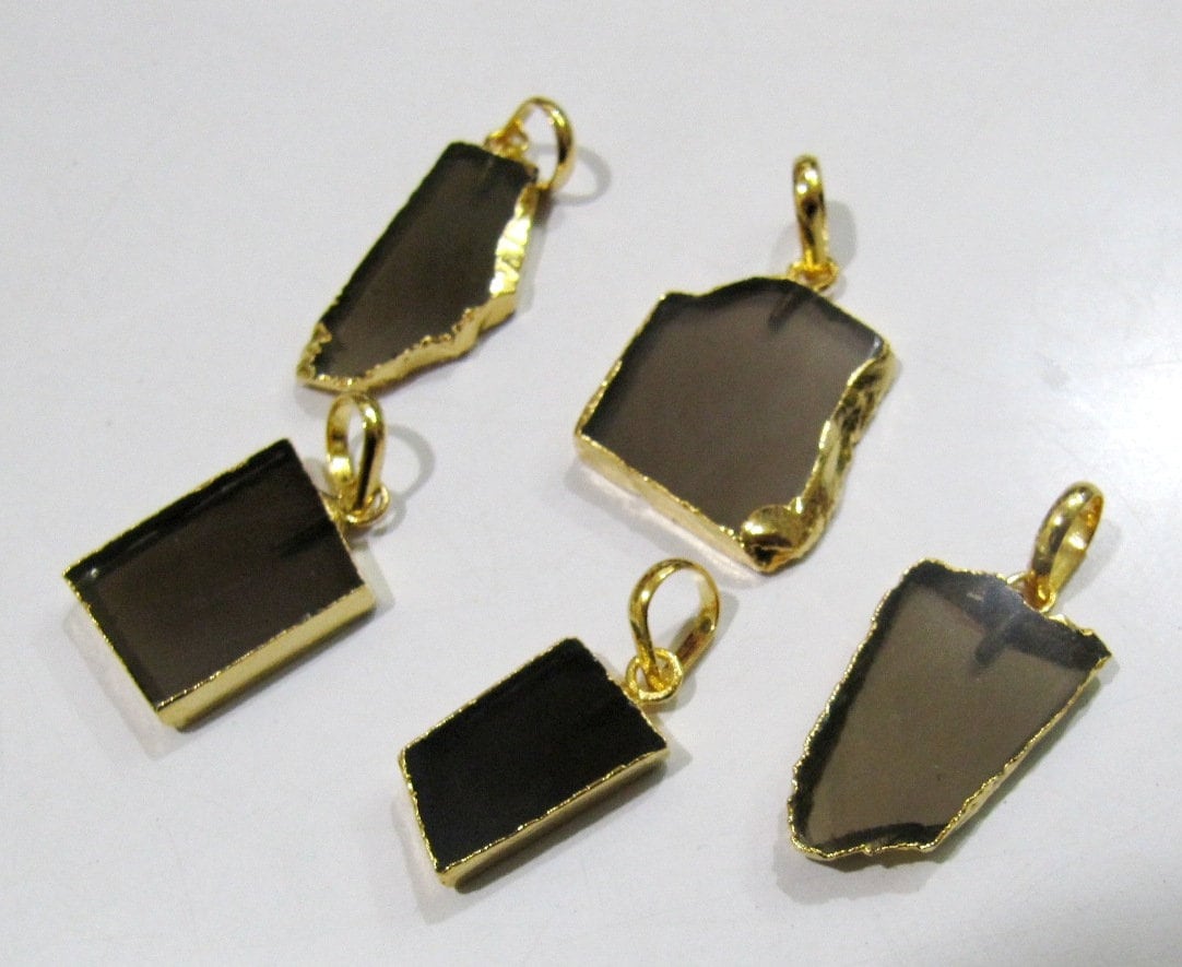 2 Pcs Set-Natural Smoky Quartz Slice Pendant Free Form Connector Charm With 24K Gold Electroplated Edge Single Loop 1inch approximately