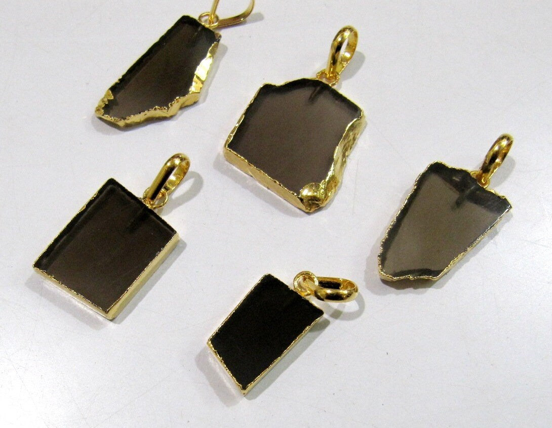 2 Pcs Set-Natural Smoky Quartz Slice Pendant Free Form Connector Charm With 24K Gold Electroplated Edge Single Loop 1inch approximately