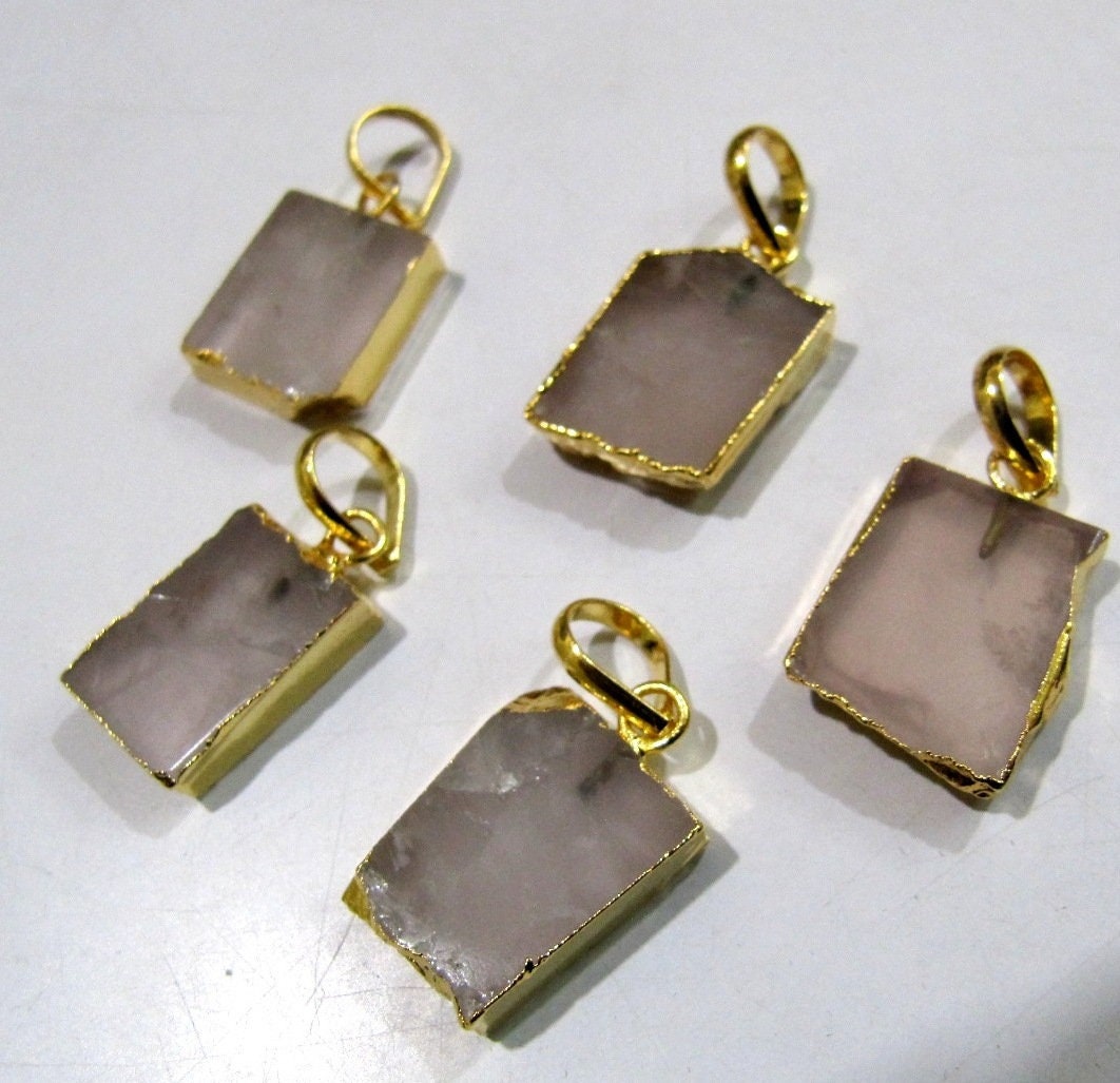 2 Pcs Set-Natural Rose Quartz Slice Pendant Free Form Connector Charm With 24K Gold Electroplated Edge Single Loop 1 inch approx