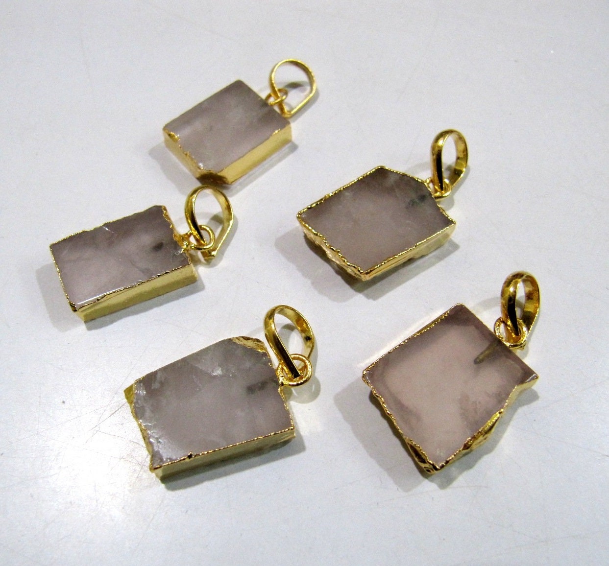 2 Pcs Set-Natural Rose Quartz Slice Pendant Free Form Connector Charm With 24K Gold Electroplated Edge Single Loop 1 inch approx