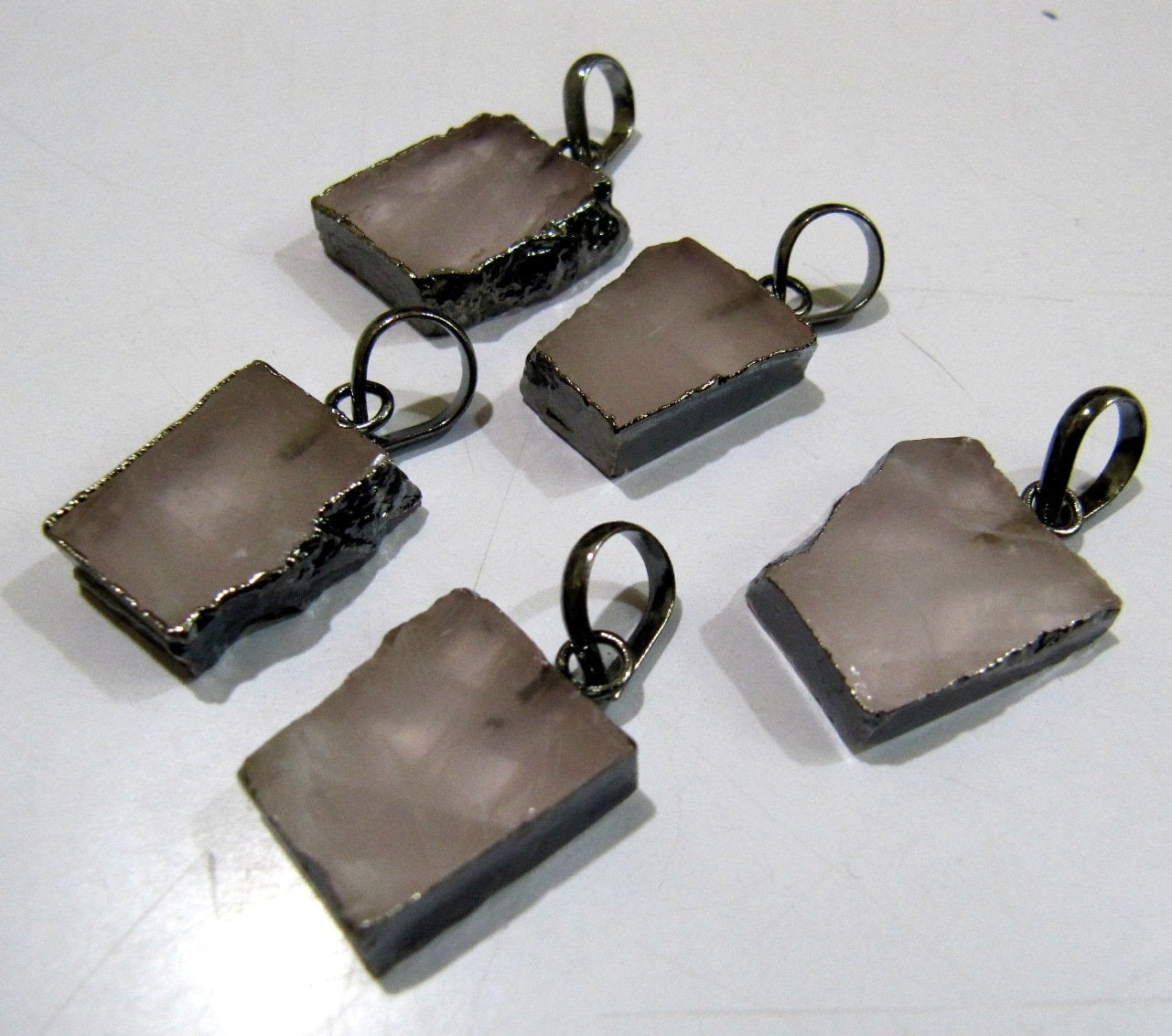 2 Pcs Set-Natural Rose Quartz Slice Pendant Free Form Connector Charm With Black Oxidized  Electroplated Edge Single Loop 1inch approx