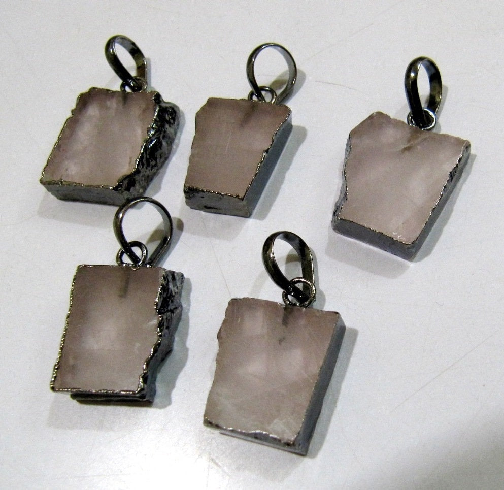 2 Pcs Set-Natural Rose Quartz Slice Pendant Free Form Connector Charm With Black Oxidized  Electroplated Edge Single Loop 1inch approx