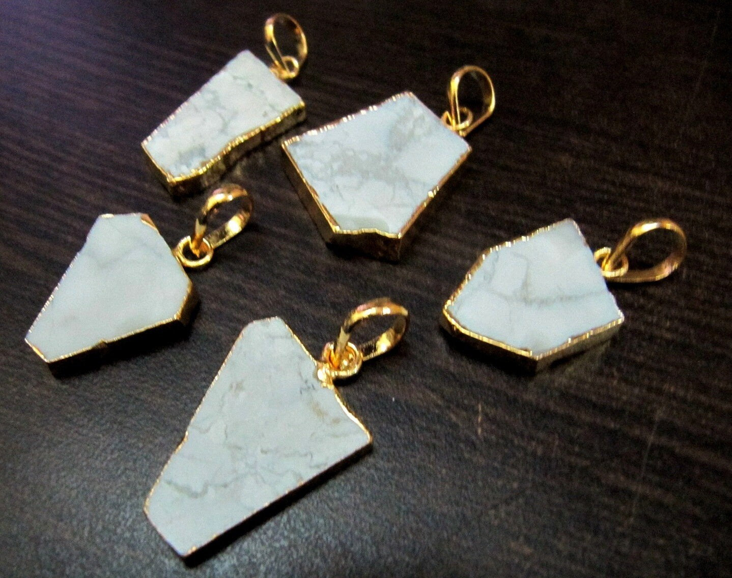2 Pcs Set-Natural White Agate Slice Pendant Free Form Connector Charm With 24K Gold  Electroplated Edge Single Loop 1 inch approximately