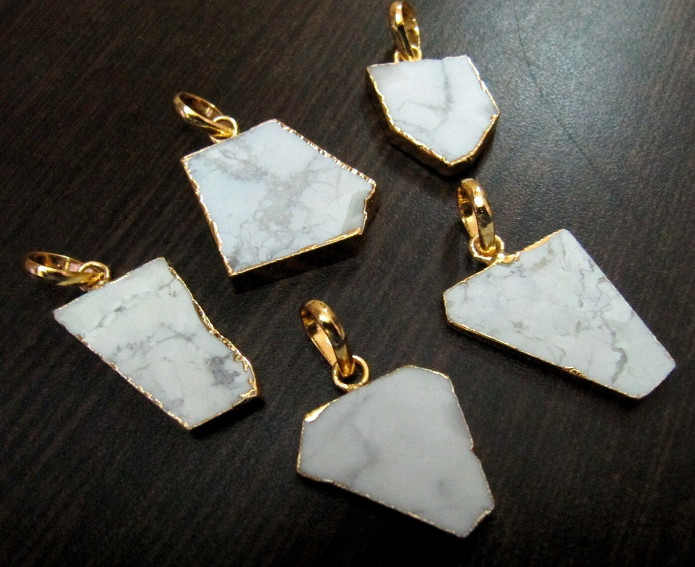 2 Pcs Set-Natural White Agate Slice Pendant Free Form Connector Charm With 24K Gold  Electroplated Edge Single Loop 1 inch approximately
