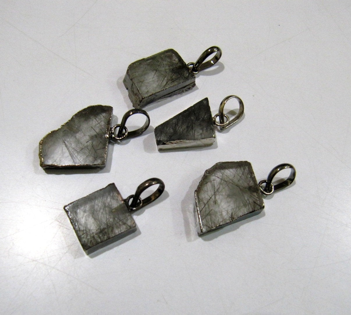 2 Pcs Set-Natural Black Rutilated Slice Pendant Free Form Charm With Black Oxidised  Electroplated Edge Single Loop 1inch approx