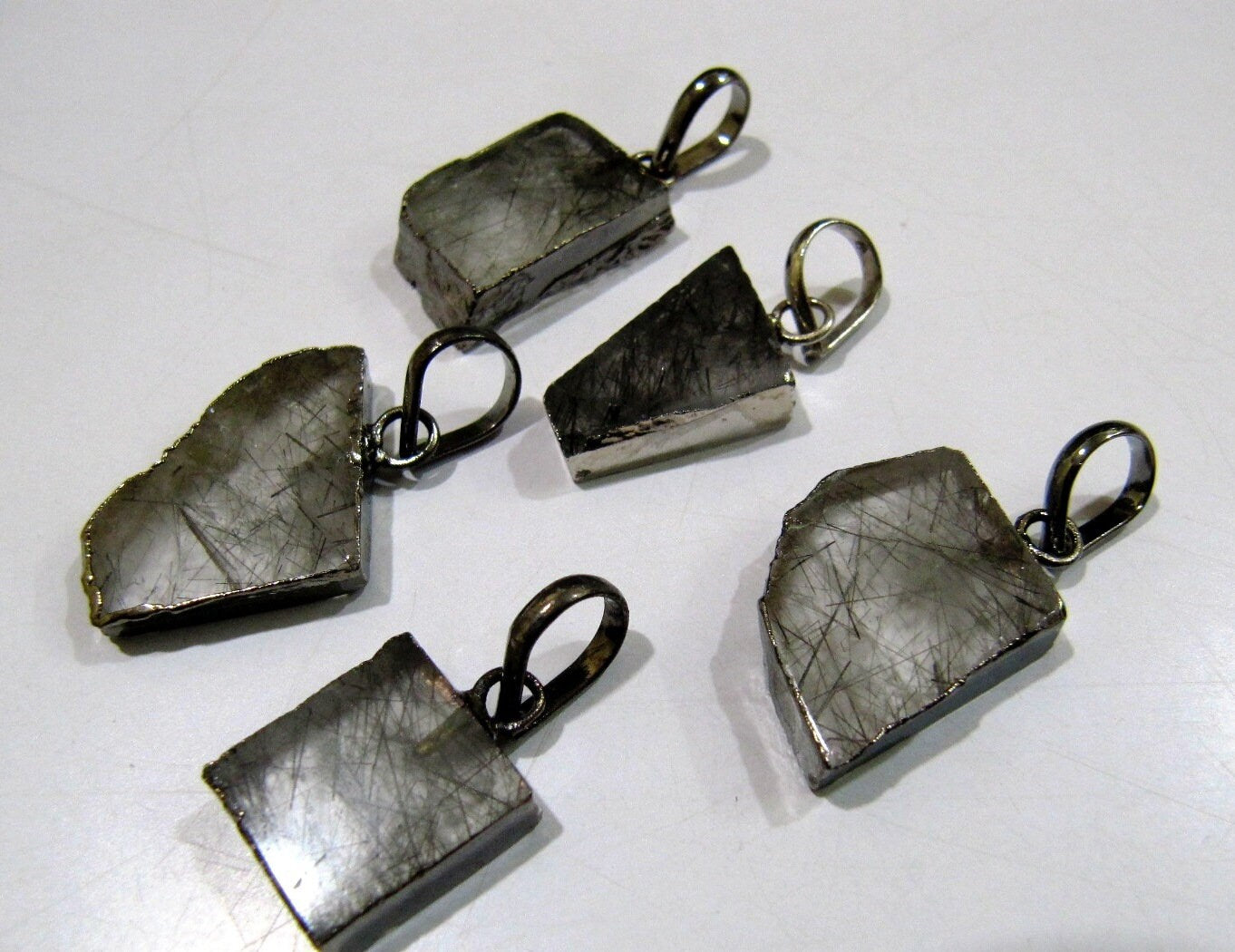 2 Pcs Set-Natural Black Rutilated Slice Pendant Free Form Charm With Black Oxidised  Electroplated Edge Single Loop 1inch approx