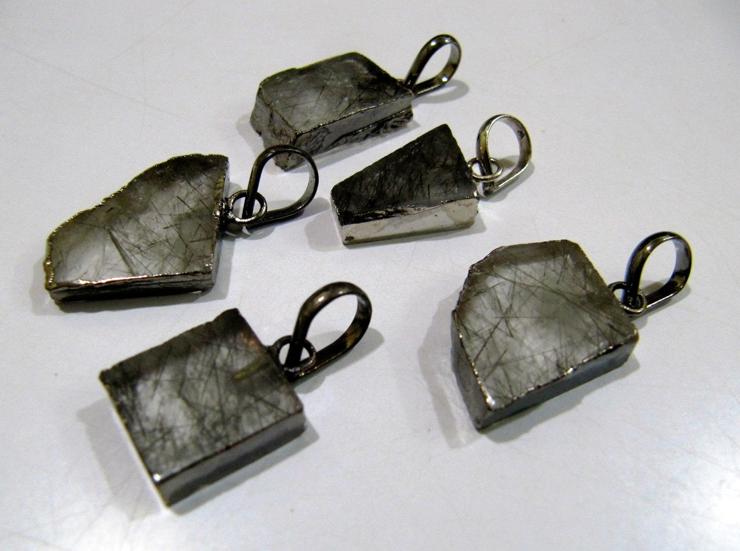 2 Pcs Set-Natural Black Rutilated Slice Pendant Free Form Charm With Black Oxidised  Electroplated Edge Single Loop 1inch approx