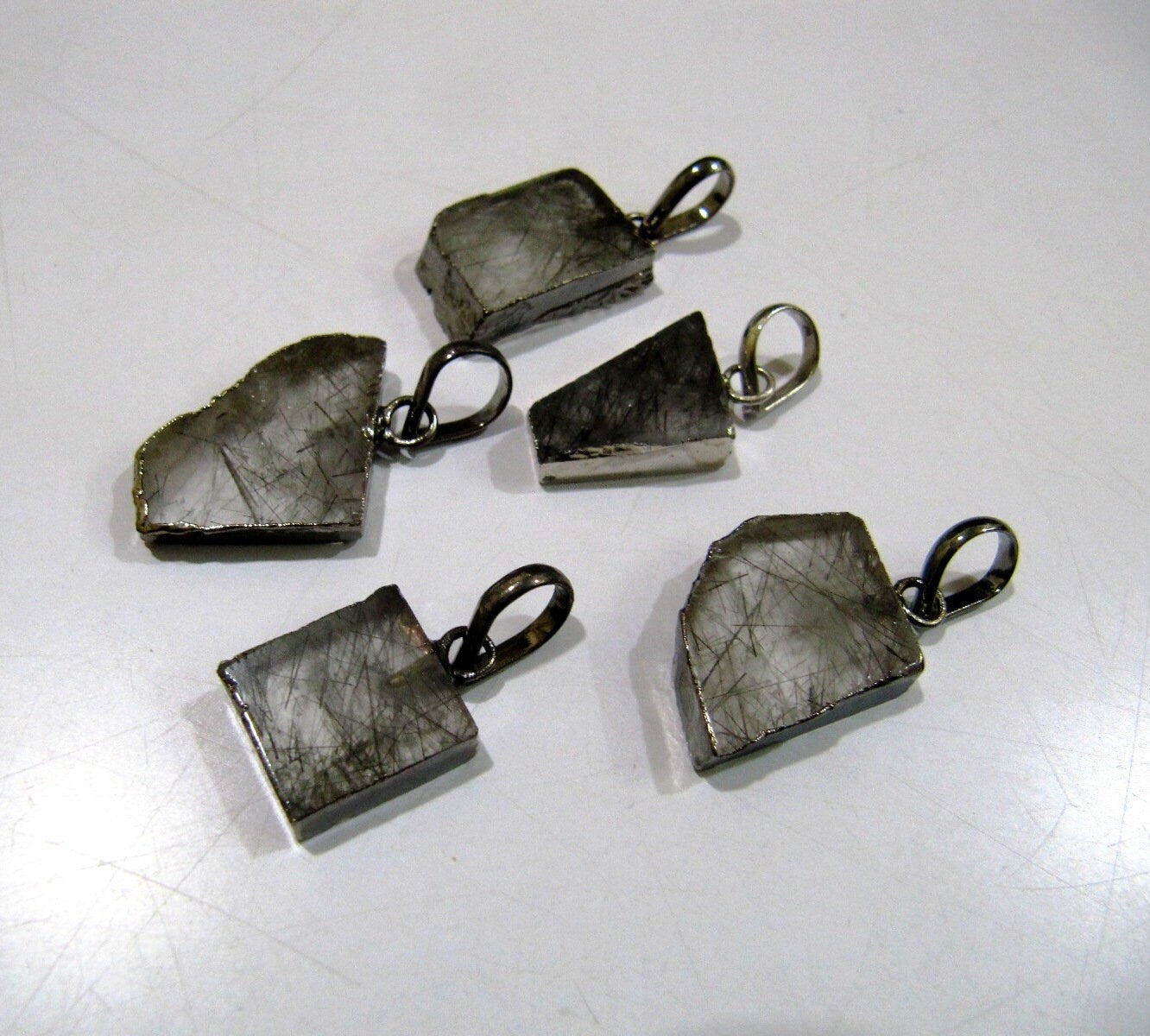 2 Pcs Set-Natural Black Rutilated Slice Pendant Free Form Charm With Black Oxidised  Electroplated Edge Single Loop 1inch approx