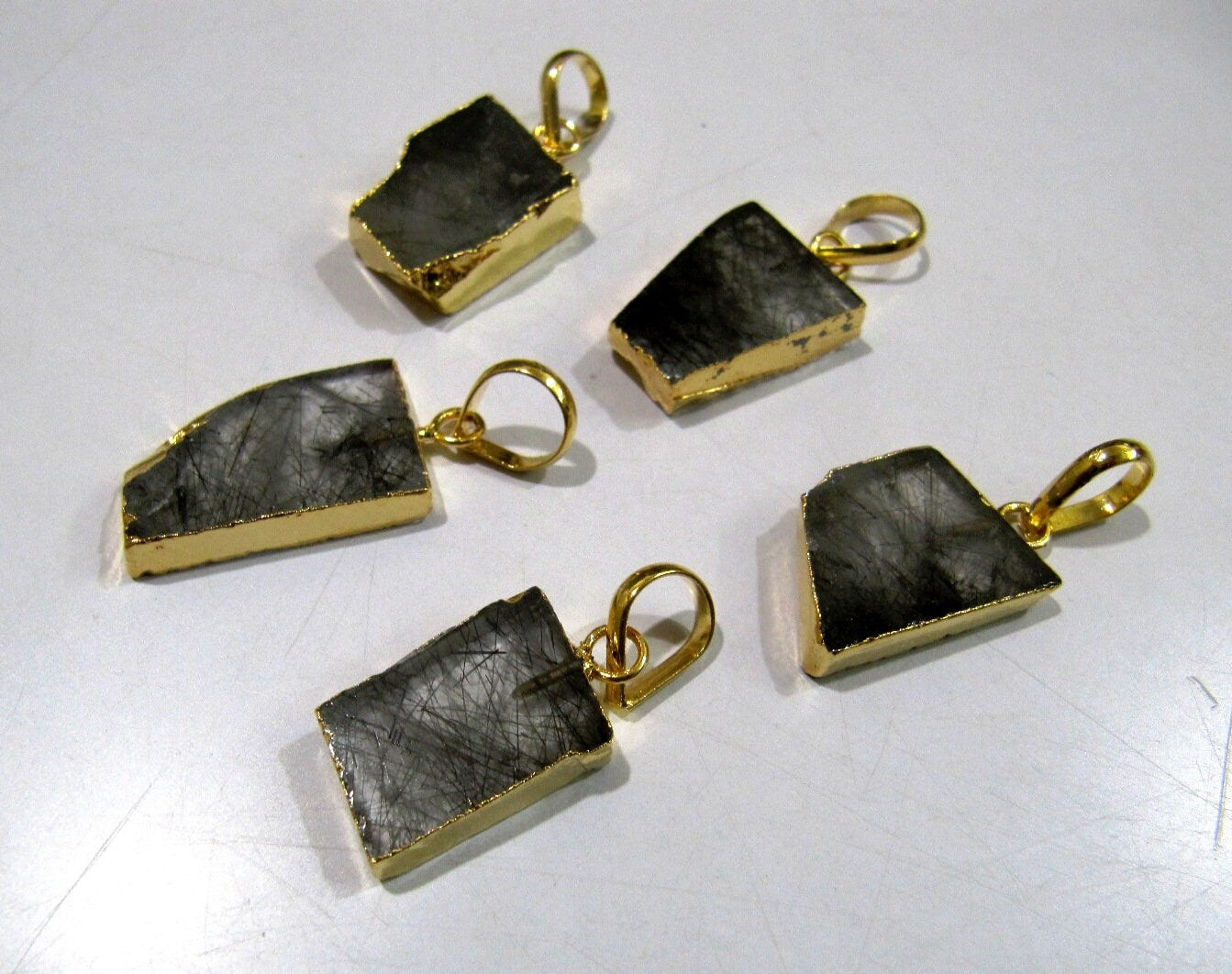 2 Pcs Set-Natural Black Rutilated Quartz Slice Pendant Free Form Charm With 24K Gold Electroplated Edge Single Loop 1 inch  long