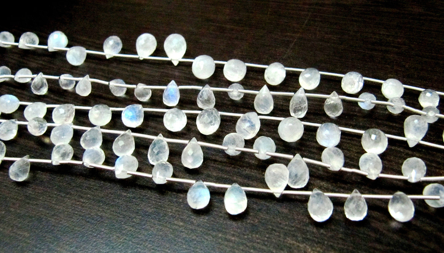 AAA Quality Genuine White Rainbow Moonstone Faceted Drop Shape Blue Flashy Moonstone Beads / Size 6x8mm to 8x10mm/ Strand 8 inch long