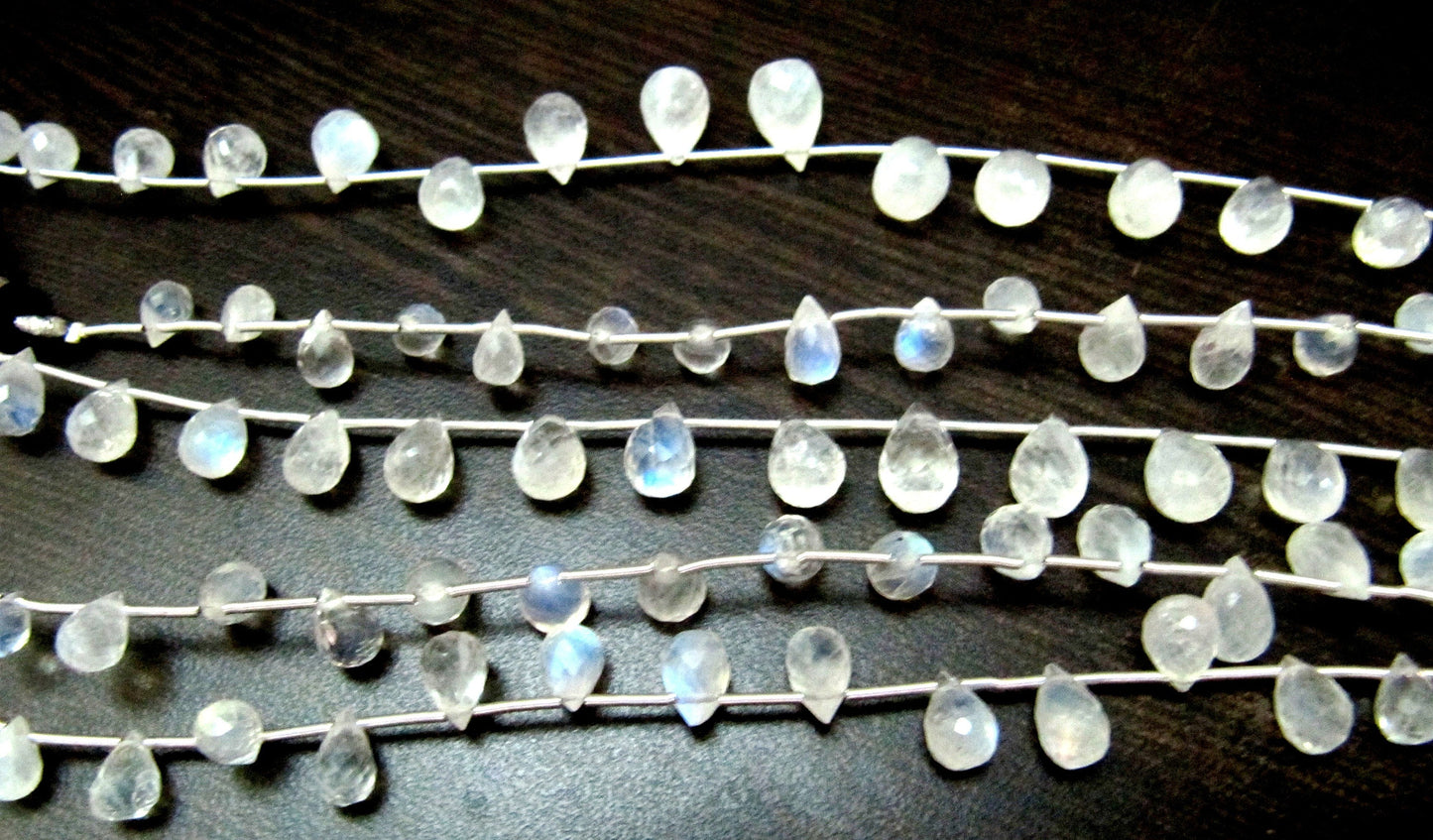 AAA Quality Genuine White Rainbow Moonstone Faceted Drop Shape Blue Flashy Moonstone Beads / Size 6x8mm to 8x10mm/ Strand 8 inch long