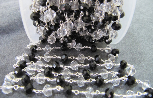 1 Foot -: Clear Quartz and Black Spinel Rondelle Faceted 6mm Size Beaded Wire Wrapped Rosary Chain in Wholesale Rates Handmade Chain