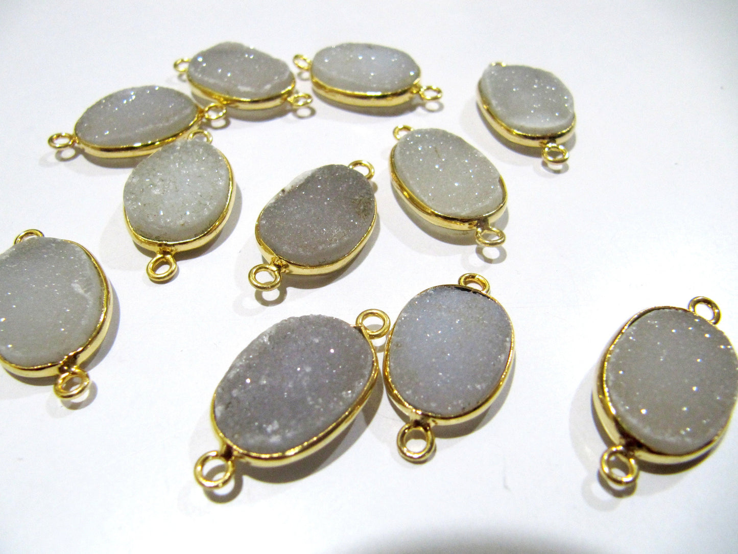 Set Of 2 Piece Natural White Druzy Oval Shape Connector  10x15mm to 14x20mm  Bezel , Gemstone Connector  Double Loop Bezel Wholesale Prices