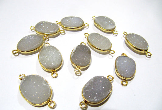 Set Of 2 Piece Natural White Druzy Oval Shape Connector  10x15mm to 14x20mm  Bezel , Gemstone Connector  Double Loop Bezel Wholesale Prices
