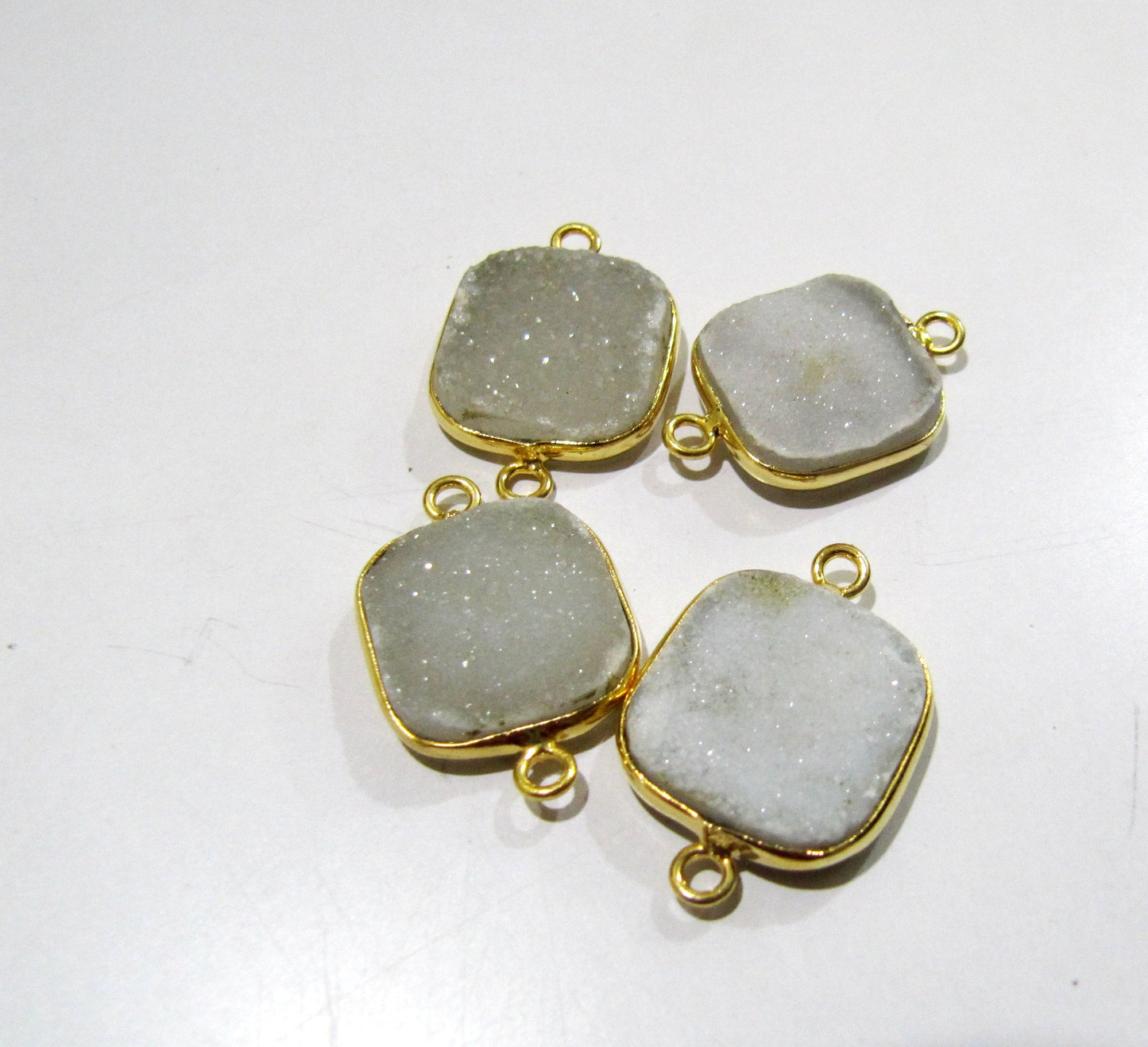 Natural White Druzy Cushion Shape Bezel Connector Size 17mm , Gemstone Connector  Double Loop Bezel Gold Plated Wholesale Prices