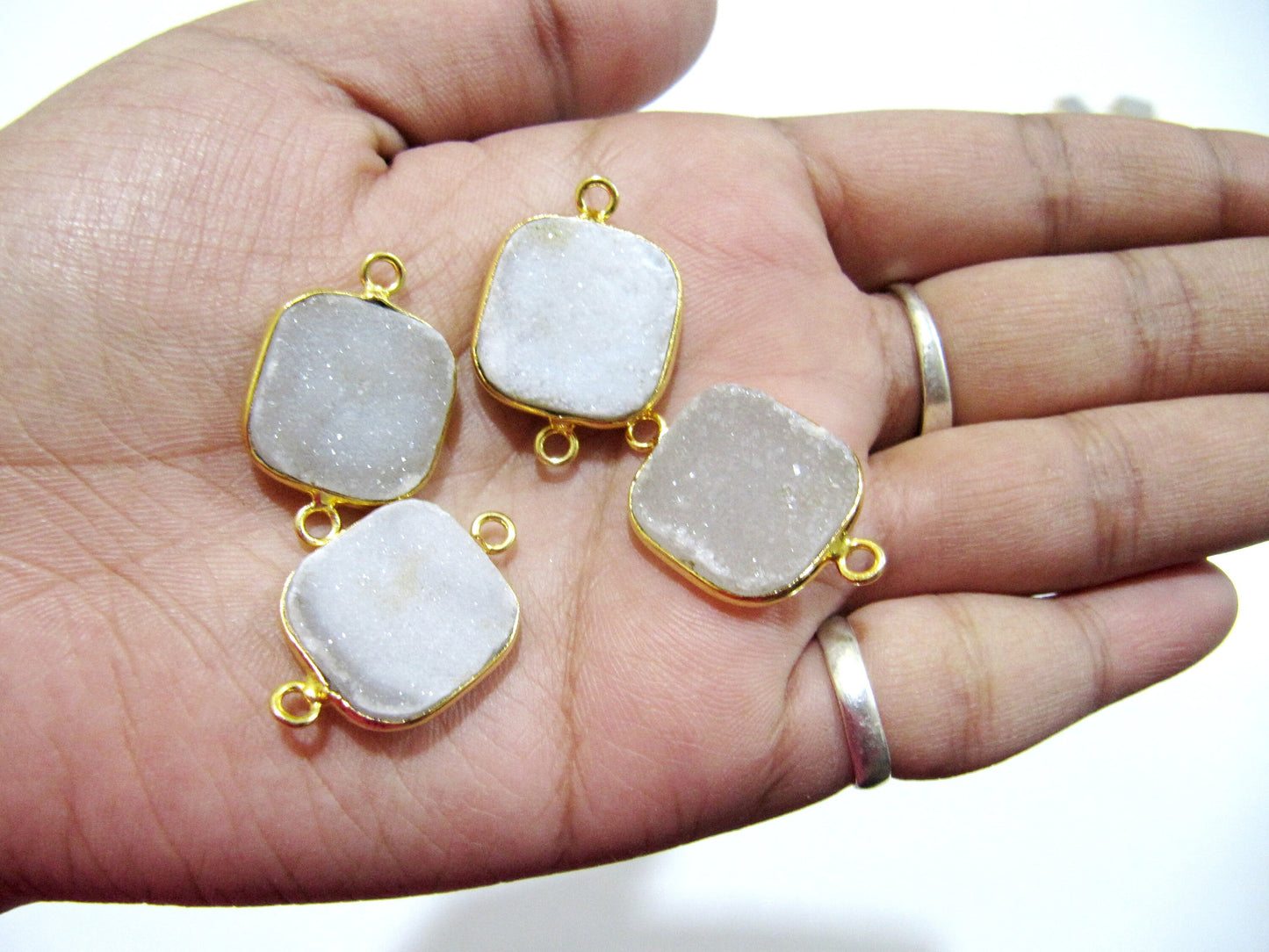 Natural White Druzy Cushion Shape Bezel Connector Size 17mm , Gemstone Connector  Double Loop Bezel Gold Plated Wholesale Prices