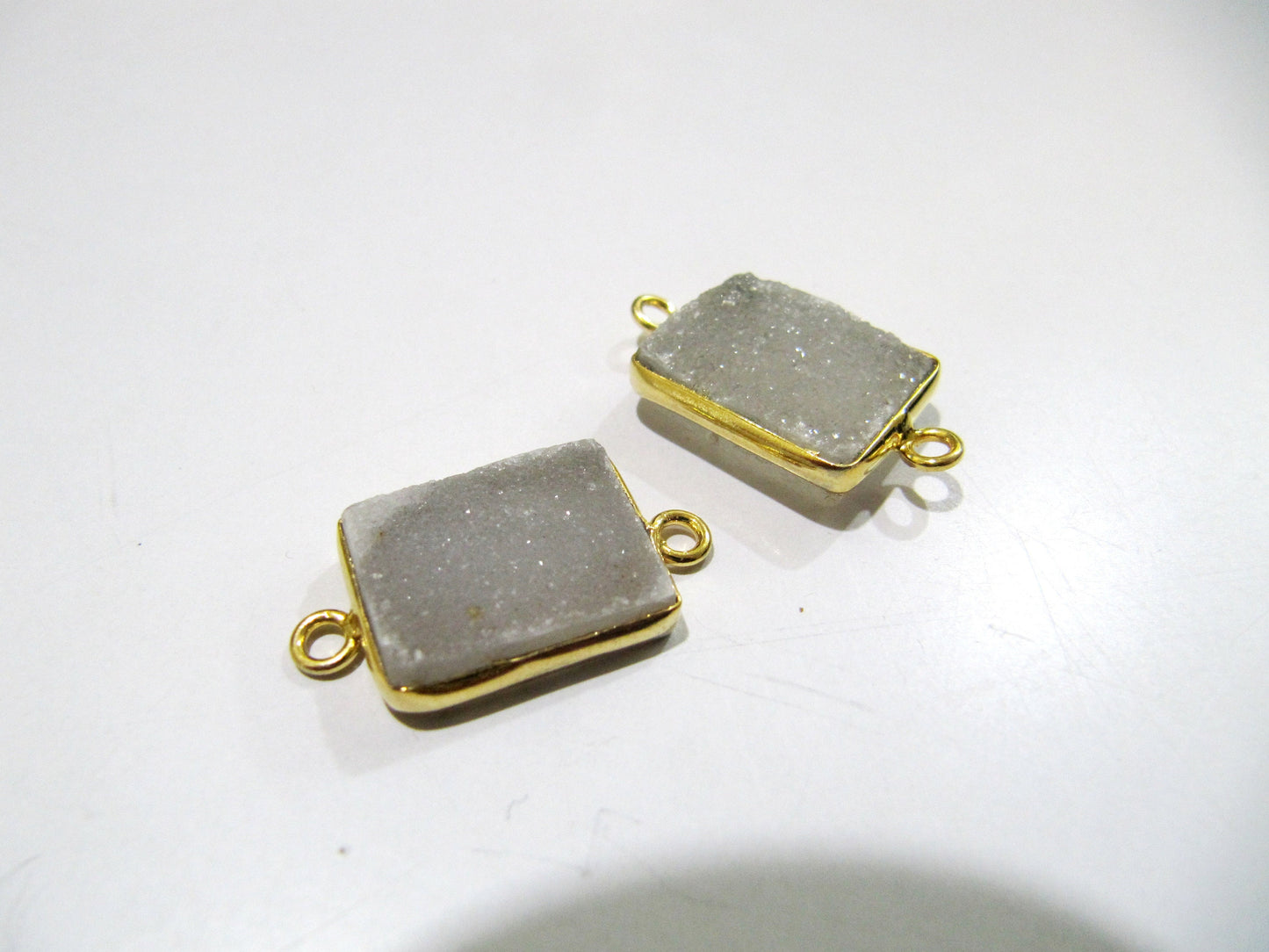 Natural White Druzy Rectangle Shape Connector Bezel Gold Plated Size 13x17mm  , Gemstone Connector  Double Loop Bezel Wholesale Prices