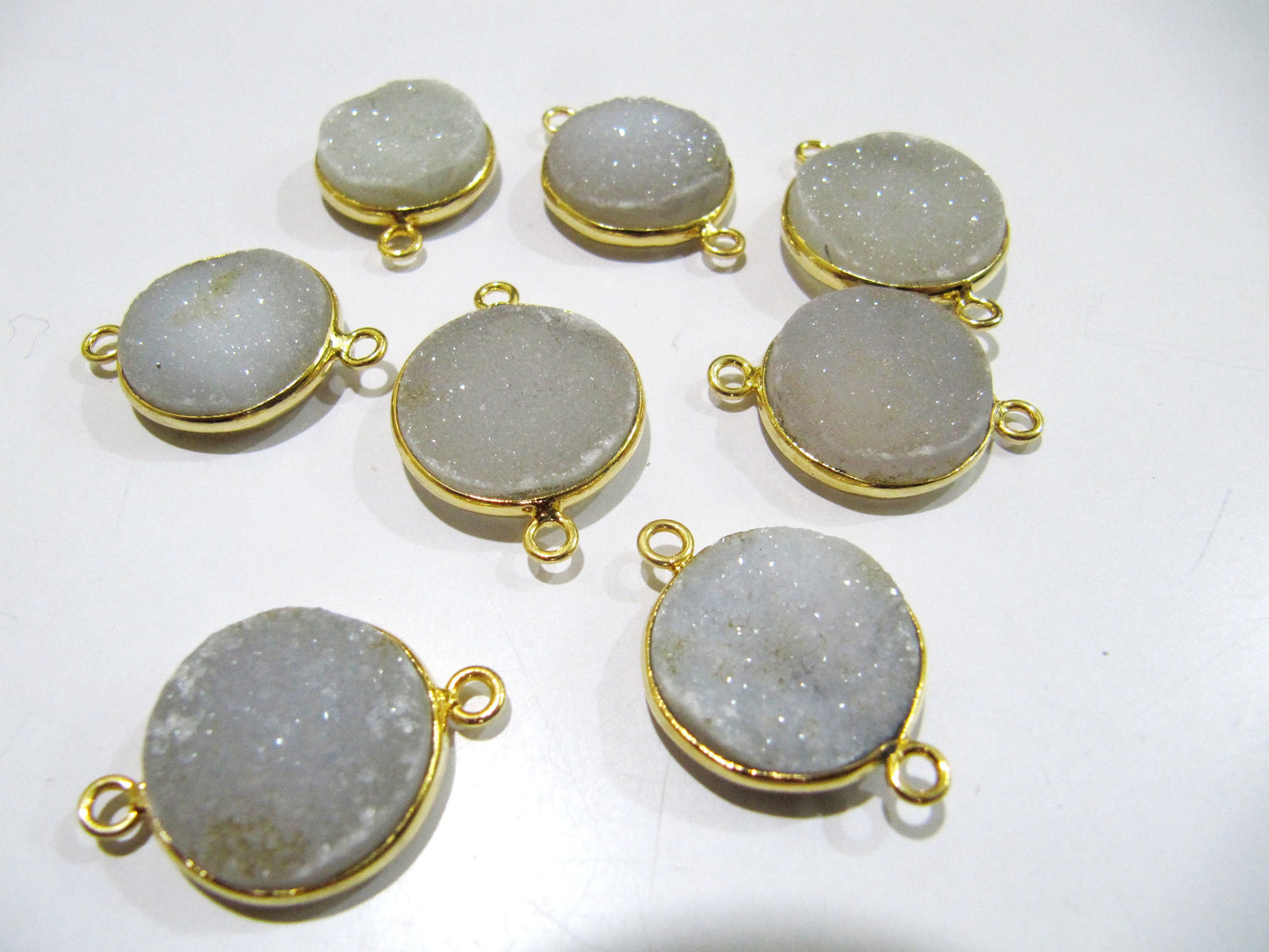 Set Of 2 Piece Natural White Druzy Round Shape Connector Bezel 16-17mm to 18-19mm  , Gemstone Connector  Double Loop Bezel Wholesale Prices