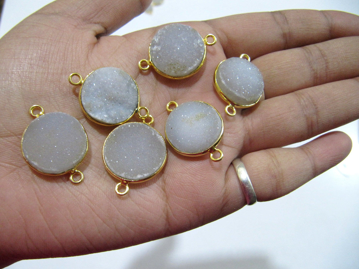 Set Of 2 Piece Natural White Druzy Round Shape Connector Bezel 16-17mm to 18-19mm  , Gemstone Connector  Double Loop Bezel Wholesale Prices