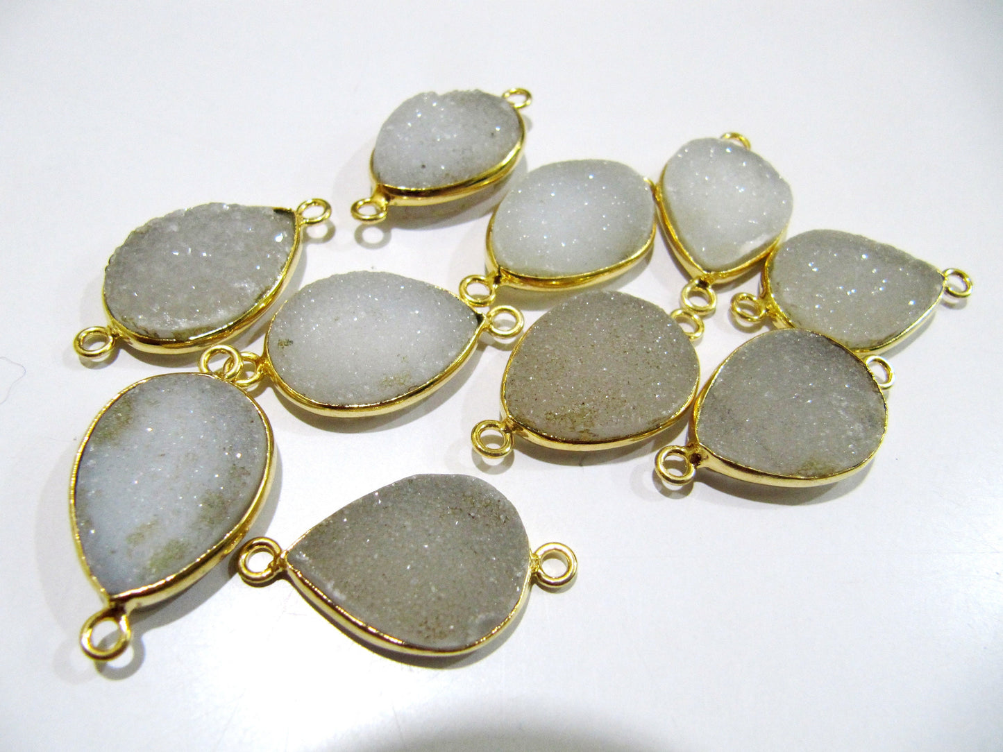 Set Of 2 Piece Natural White Druzy Round Shape Connector Bezel 16x21mm , Gemstone Connector Gold Plated Double Loop Bezel Wholesale Prices