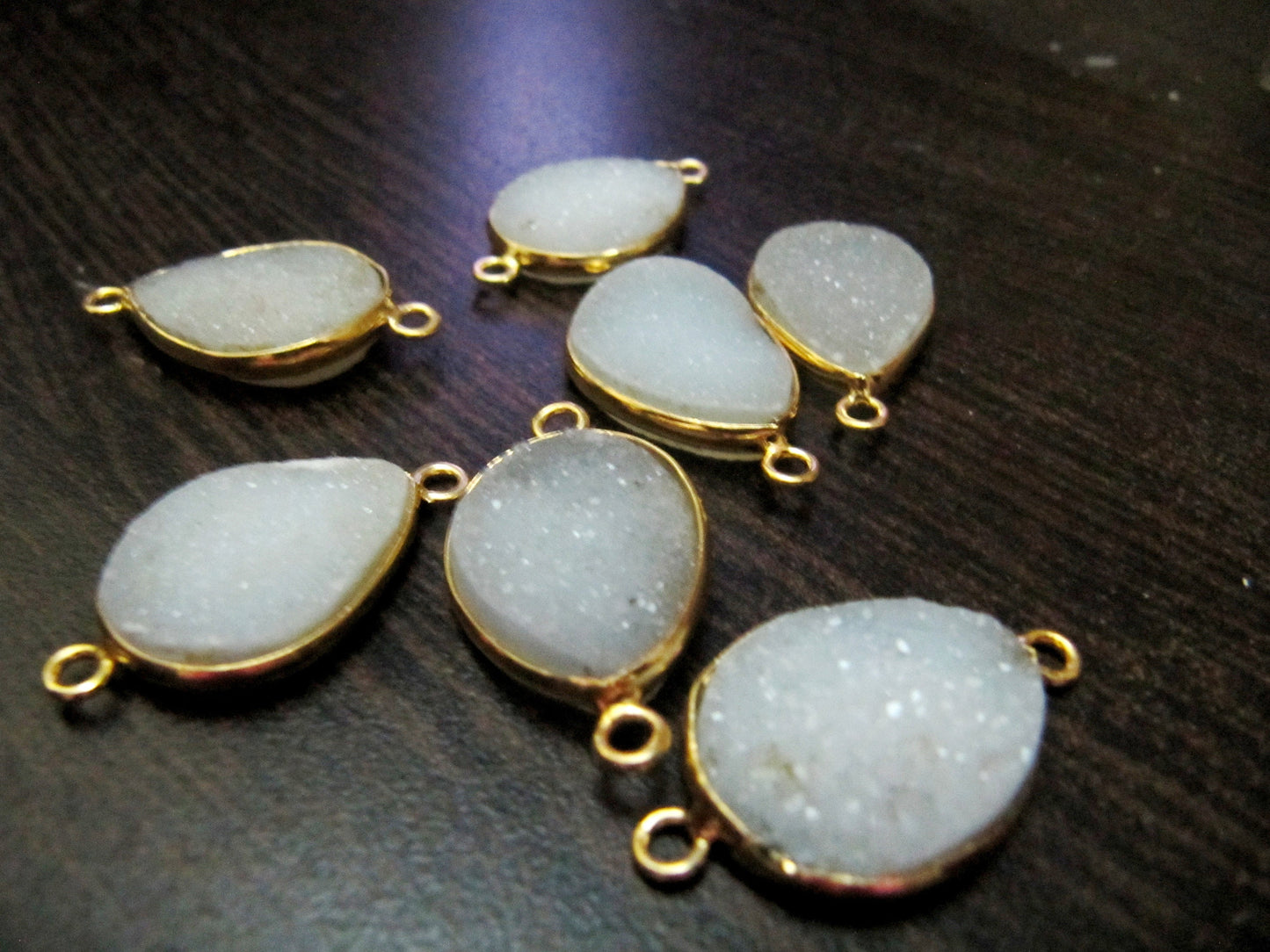 Set Of 2 Piece Natural White Druzy Round Shape Connector Bezel 16x21mm , Gemstone Connector Gold Plated Double Loop Bezel Wholesale Prices
